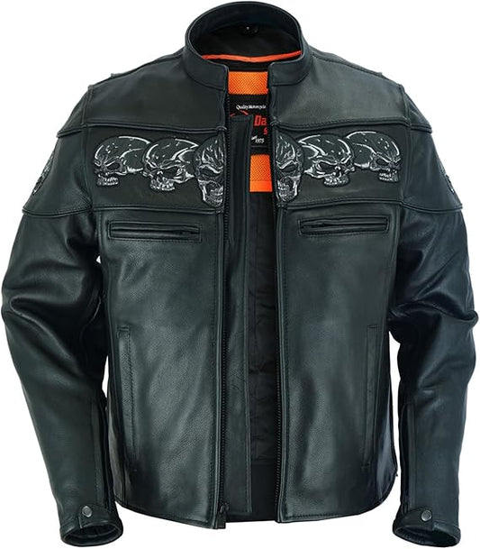 Men's Motorcycle Leather Jacket Reflective Skull Design Leather Jacket for Man with inside inside