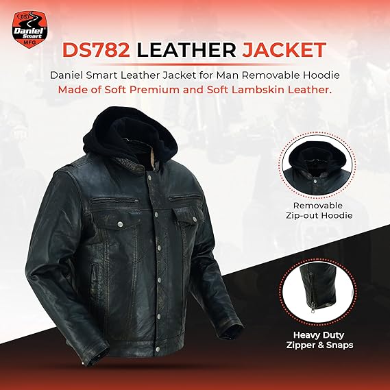 Men’s Lambskin Motorcycle Jacket – Mandarin Collar with Removable Hoodie & YK Zippers