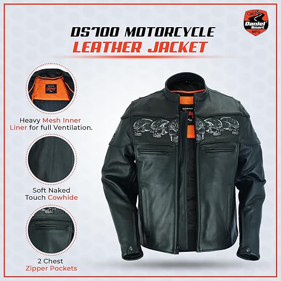 Men's Motorcycle Leather Jacket Reflective Skull Design Leather Jacket for Man with inside inside