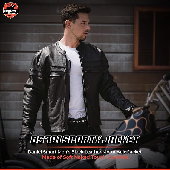 Men’s Sporty Black Leather Motorcycle Jacket – Stripe Detailing & Multi-Pocket Biker Jacket