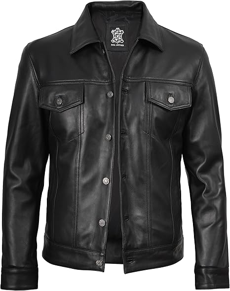 Decrum Men’s Vintage Trucker Leather Jacket – Real Lambskin, Classic Style