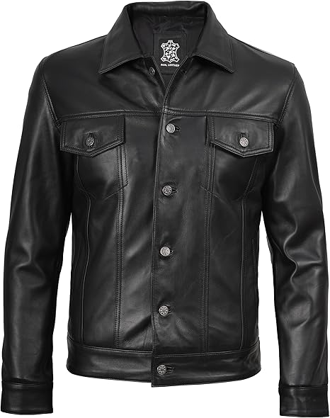 Decrum Men’s Vintage Trucker Leather Jacket – Real Lambskin, Classic Style