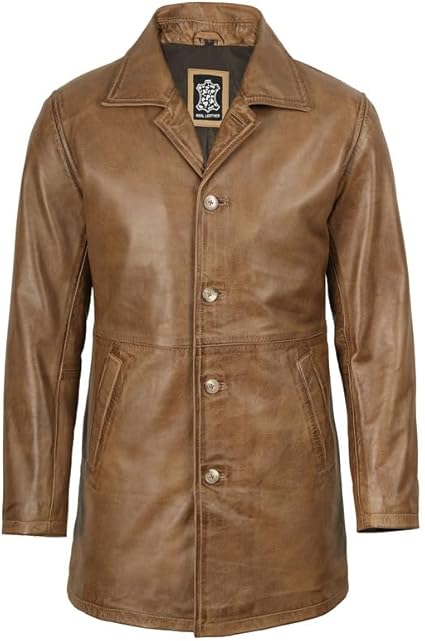 Men’s Vintage-Style Long Leather Coat – Classic Blingsoul Leather Jacket