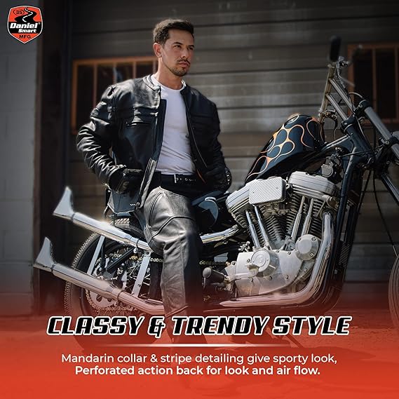 Men’s Sporty Black Leather Motorcycle Jacket – Stripe Detailing & Multi-Pocket Biker Jacket