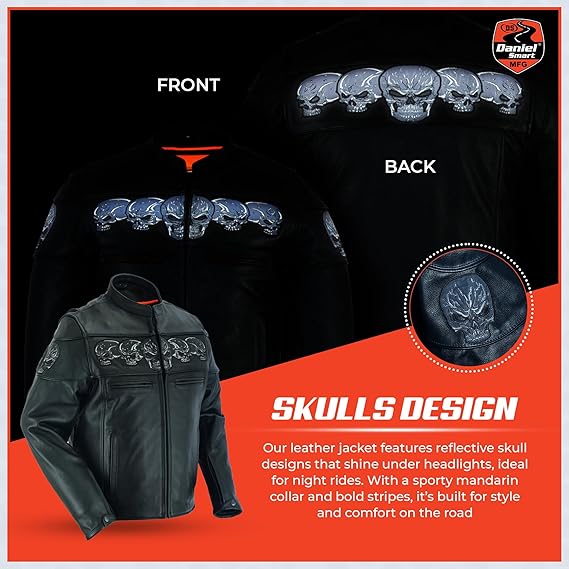 Men's Motorcycle Leather Jacket Reflective Skull Design Leather Jacket for Man with inside inside