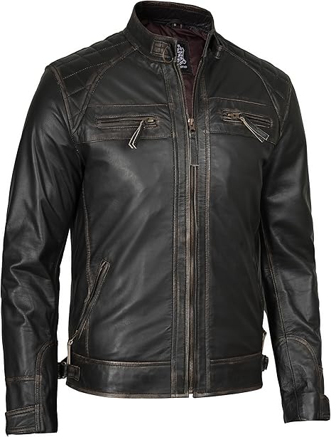 Decrum Men’s Cafe Racer Leather Jacket – Real Lambskin, Classic Style