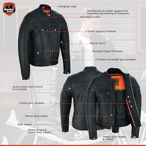 Men’s Sporty Black Leather Motorcycle Jacket – Stripe Detailing & Multi-Pocket Biker Jacket