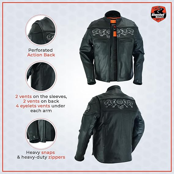 Men's Motorcycle Leather Jacket Reflective Skull Design Leather Jacket for Man with inside inside