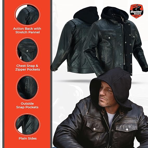 Men’s Lambskin Motorcycle Jacket – Mandarin Collar with Removable Hoodie & YK Zippers