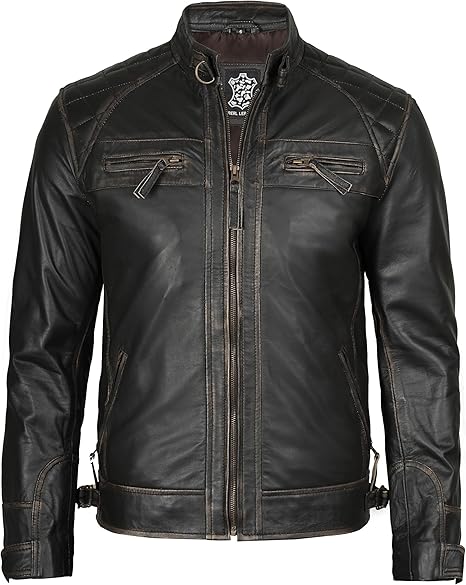 Decrum Men’s Cafe Racer Leather Jacket – Real Lambskin, Classic Style