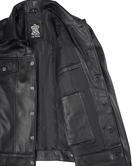 Decrum Men’s Vintage Trucker Leather Jacket – Real Lambskin, Classic Style