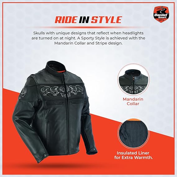 Men's Motorcycle Leather Jacket Reflective Skull Design Leather Jacket for Man with inside inside