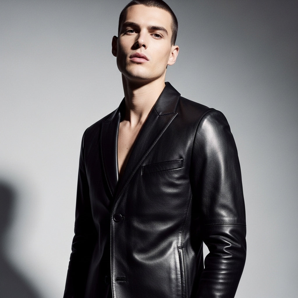 Men’s Black Genuine Leather Blazer – Slim Fit Notch Lapel Jacket