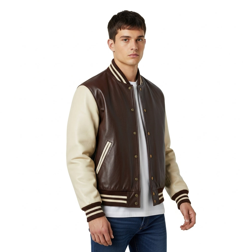 Men’s Brown & White Varsity Jacket – Classic Letterman Bomber Style