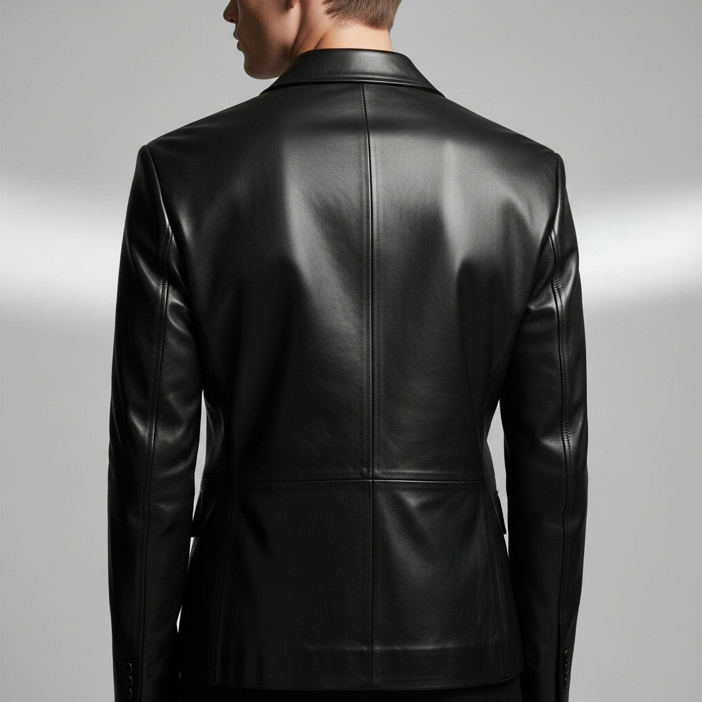 Men’s Black Genuine Leather Blazer – Slim Fit Notch Lapel Jacket