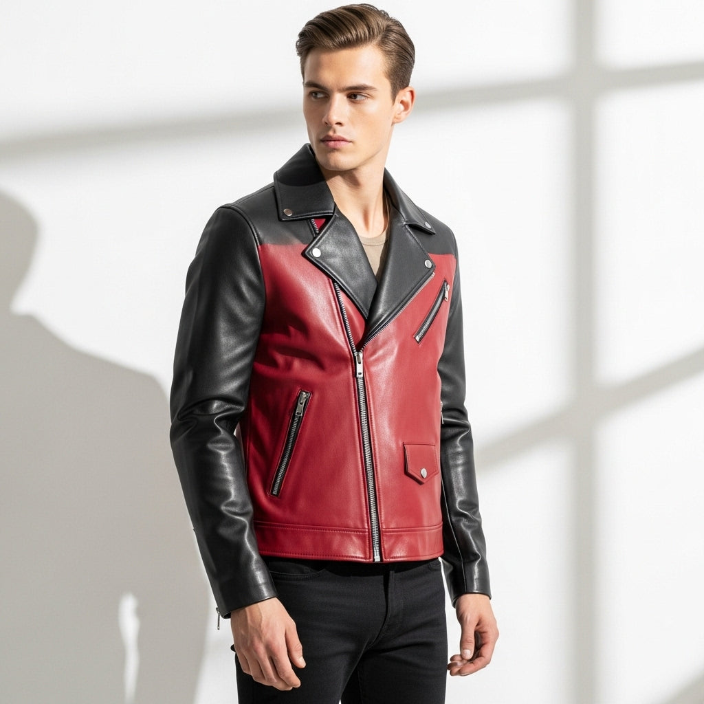 Men’s Red and Black Leather Biker Jacket – Moto Style Slim Fit Outerwear