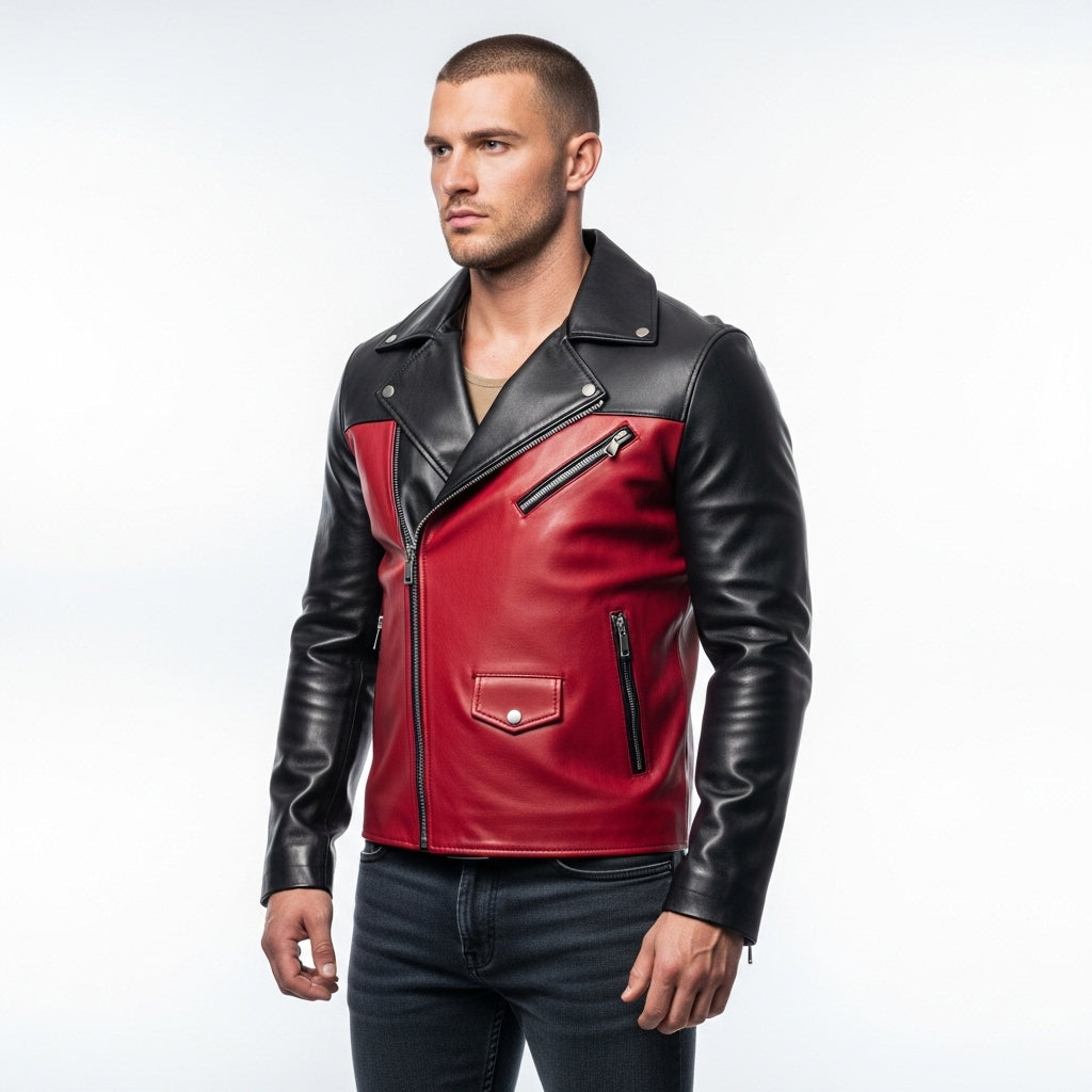Men’s Red and Black Leather Biker Jacket – Moto Style Slim Fit Outerwear