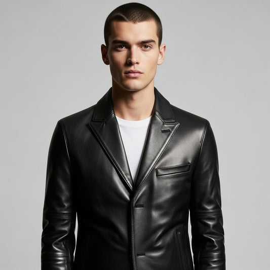 Men’s Black Genuine Leather Blazer – Slim Fit Notch Lapel Jacket