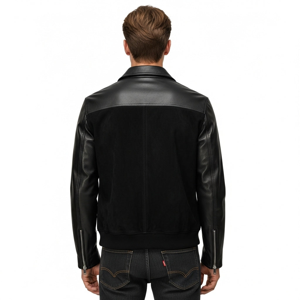 Men's Black Bomber Jacket for Men – Leather Sleeves & Zipper Closure