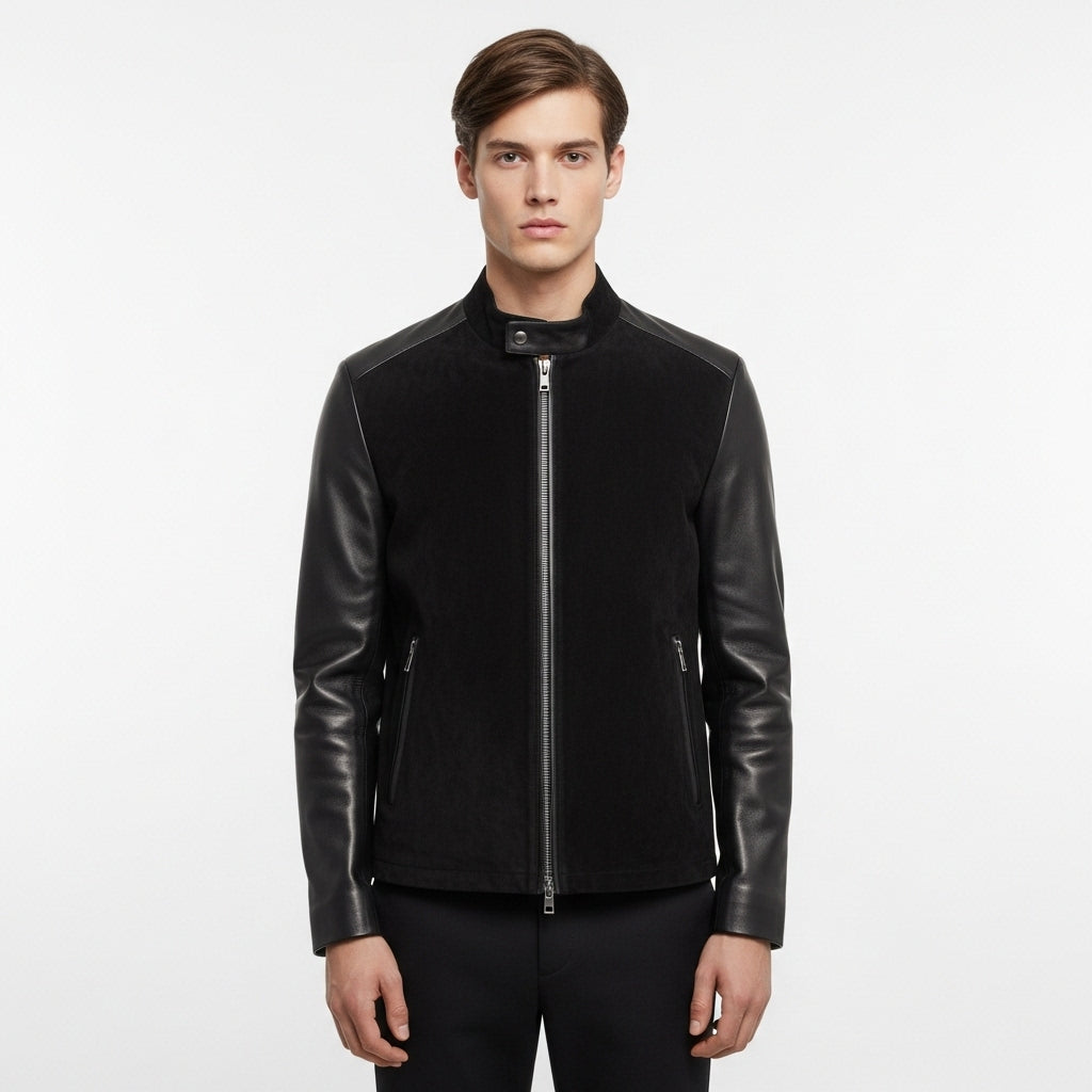 Men's Black Bomber Jacket for Men – Leather Sleeves & Zipper Closure