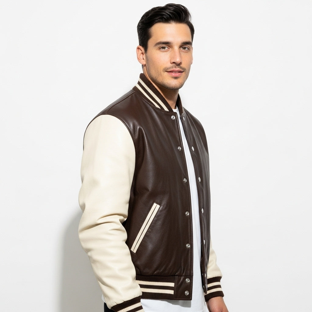 Men’s Brown & White Varsity Jacket – Classic Letterman Bomber Style