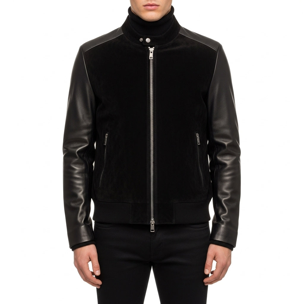 Men's Black Bomber Jacket for Men – Leather Sleeves & Zipper Closure