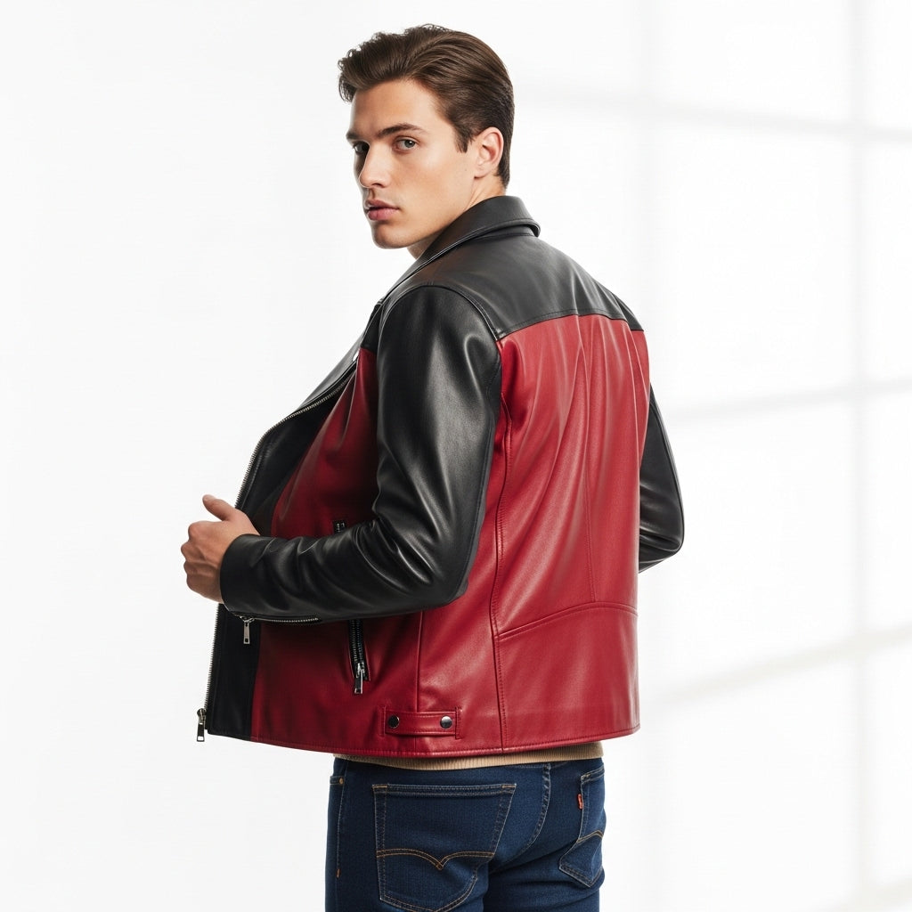 Men’s Red and Black Leather Biker Jacket – Moto Style Slim Fit Outerwear
