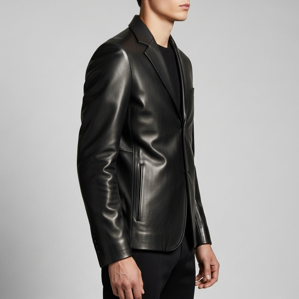 Men’s Black Genuine Leather Blazer – Slim Fit Notch Lapel Jacket