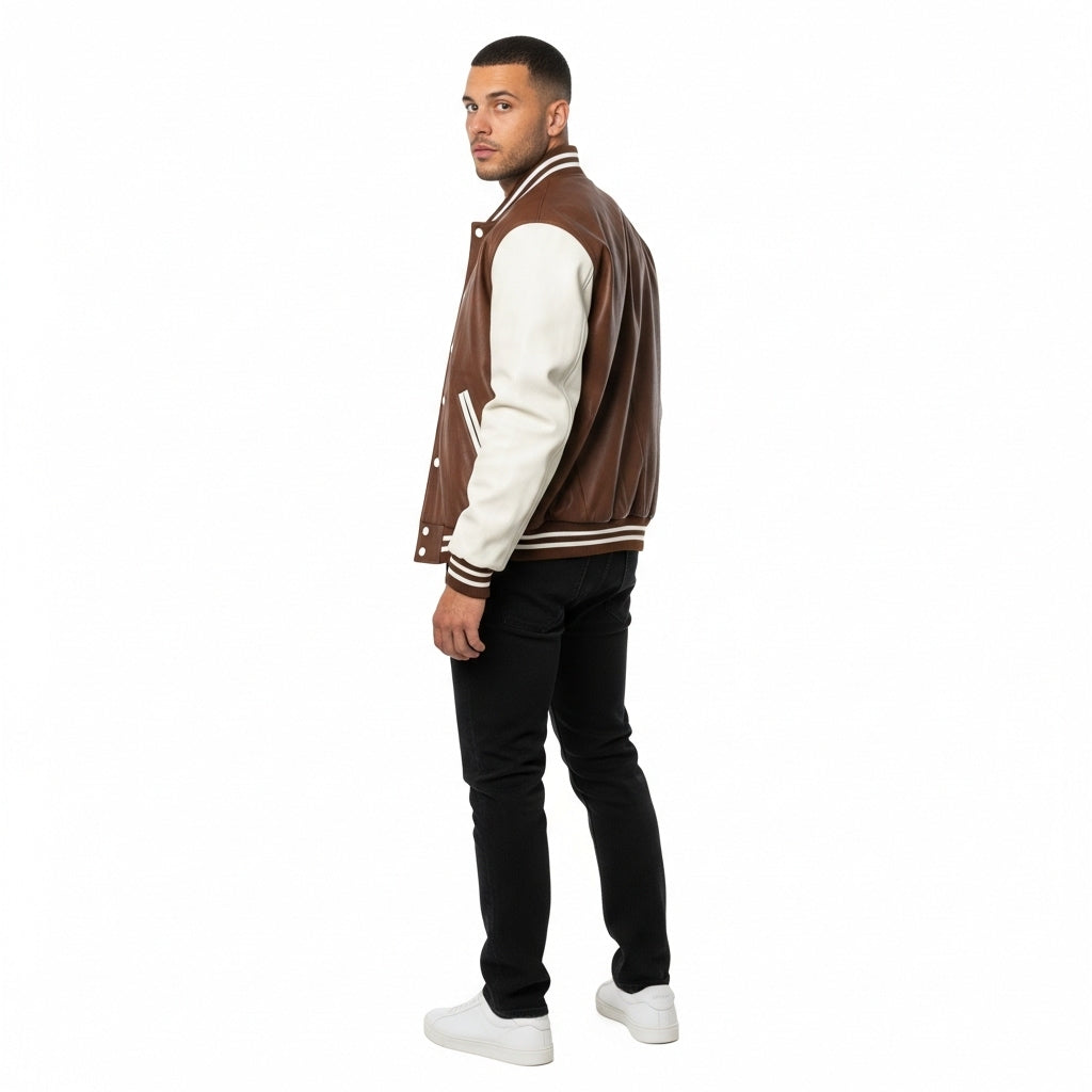 Men’s Brown & White Varsity Jacket – Classic Letterman Bomber Style
