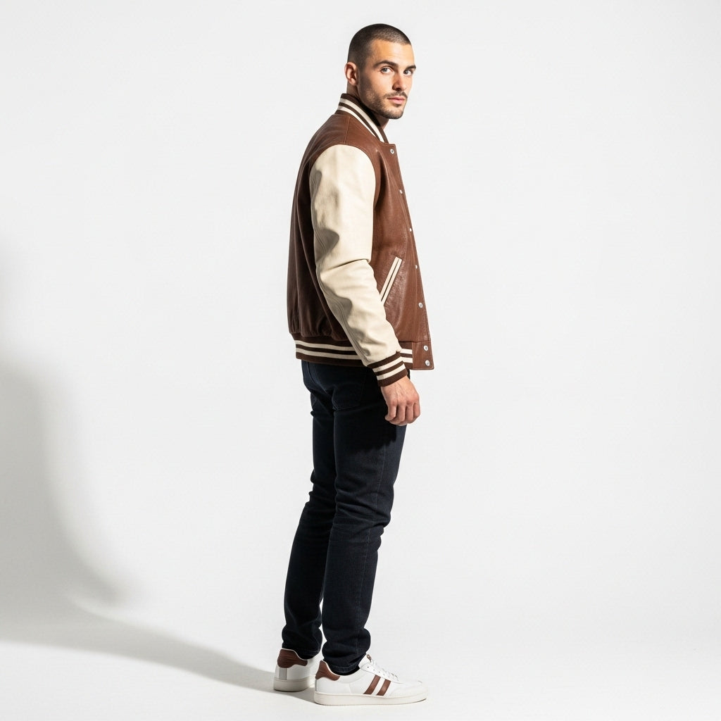 Men’s Brown & White Varsity Jacket – Classic Letterman Bomber Style