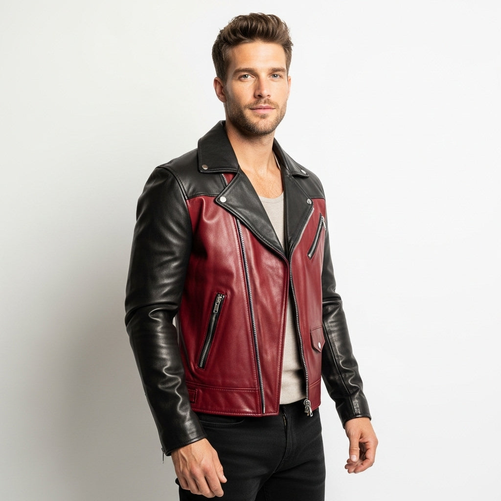 Men’s Red and Black Leather Biker Jacket – Moto Style Slim Fit Outerwear