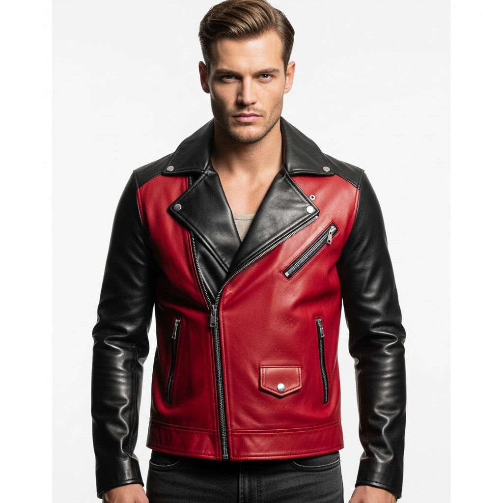 Men’s Red and Black Leather Biker Jacket – Moto Style Slim Fit Outerwear