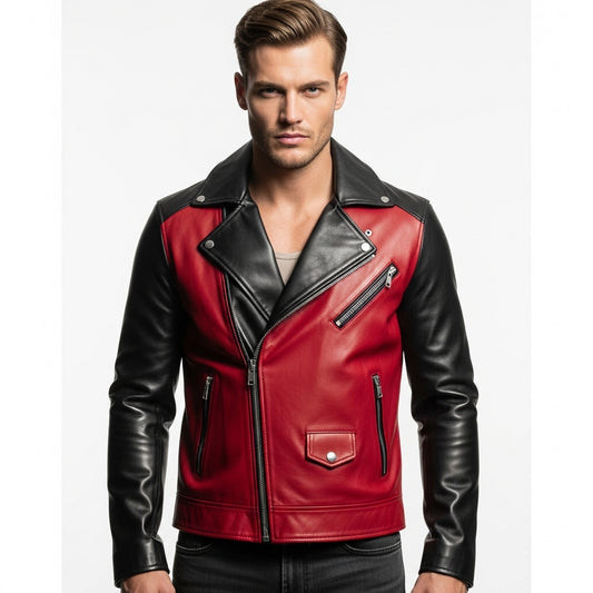 Men’s Red and Black Leather Biker Jacket – Moto Style Slim Fit Outerwear