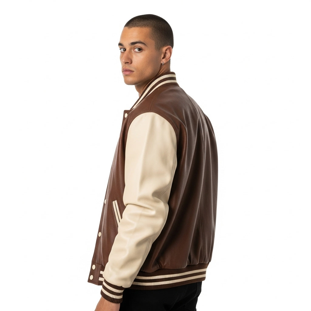 Men’s Brown & White Varsity Jacket – Classic Letterman Bomber Style