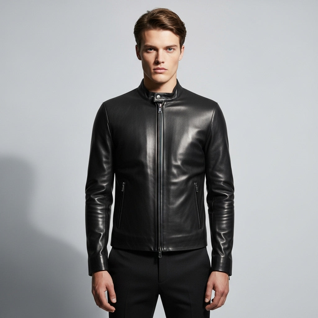 Men’s Black Genuine Leather Biker Jacket – Slim Fit with Stand Collar
