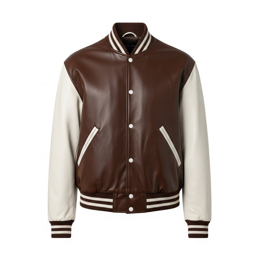 Men’s Brown & White Varsity Jacket – Classic Letterman Bomber Style