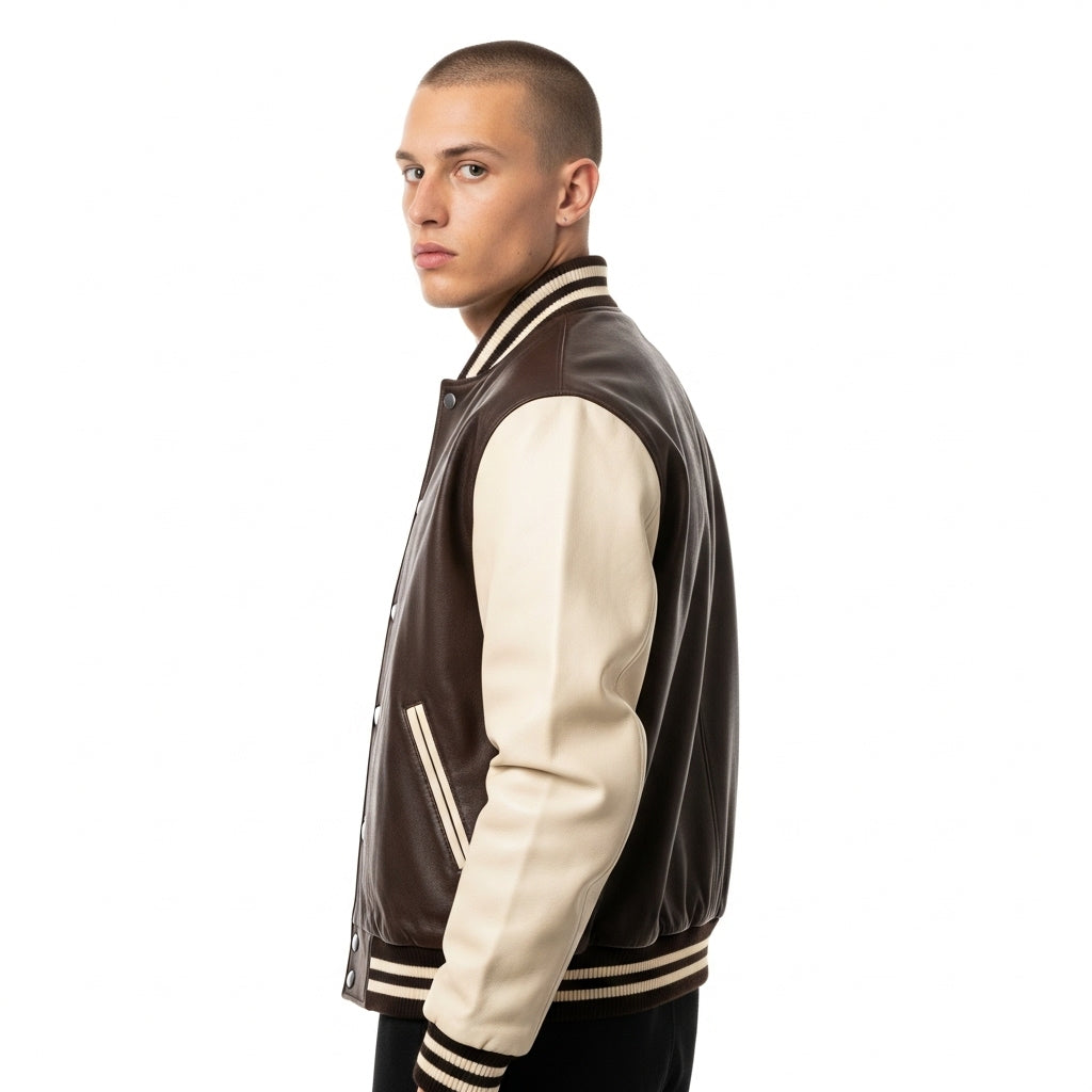 Men’s Brown & White Varsity Jacket – Classic Letterman Bomber Style