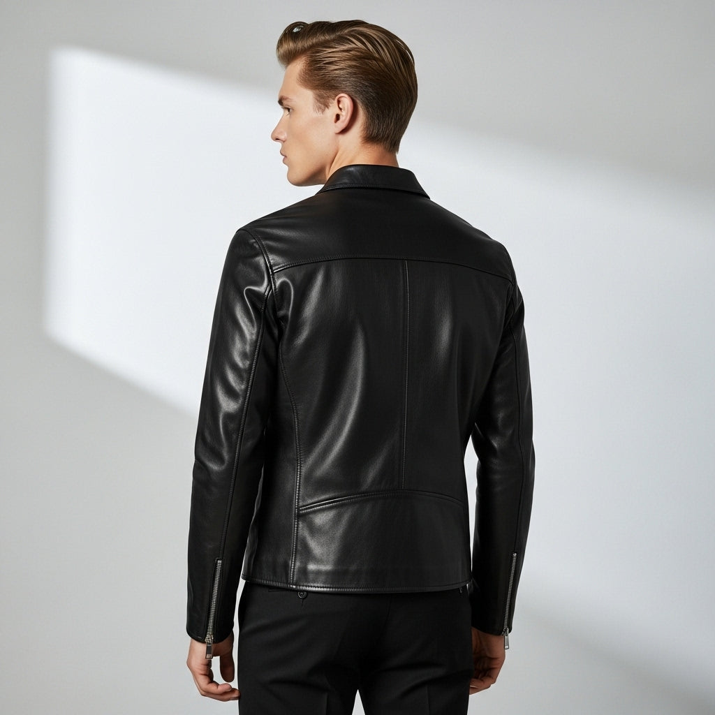 Men’s Black Genuine Leather Biker Jacket – Slim Fit with Stand Collar