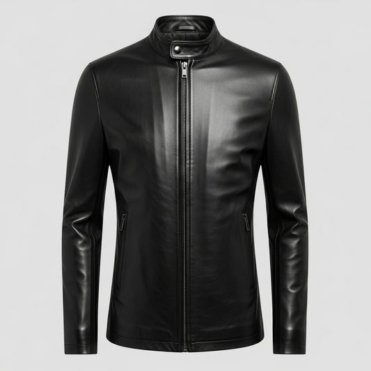Men’s Black Genuine Leather Biker Jacket – Slim Fit with Stand Collar