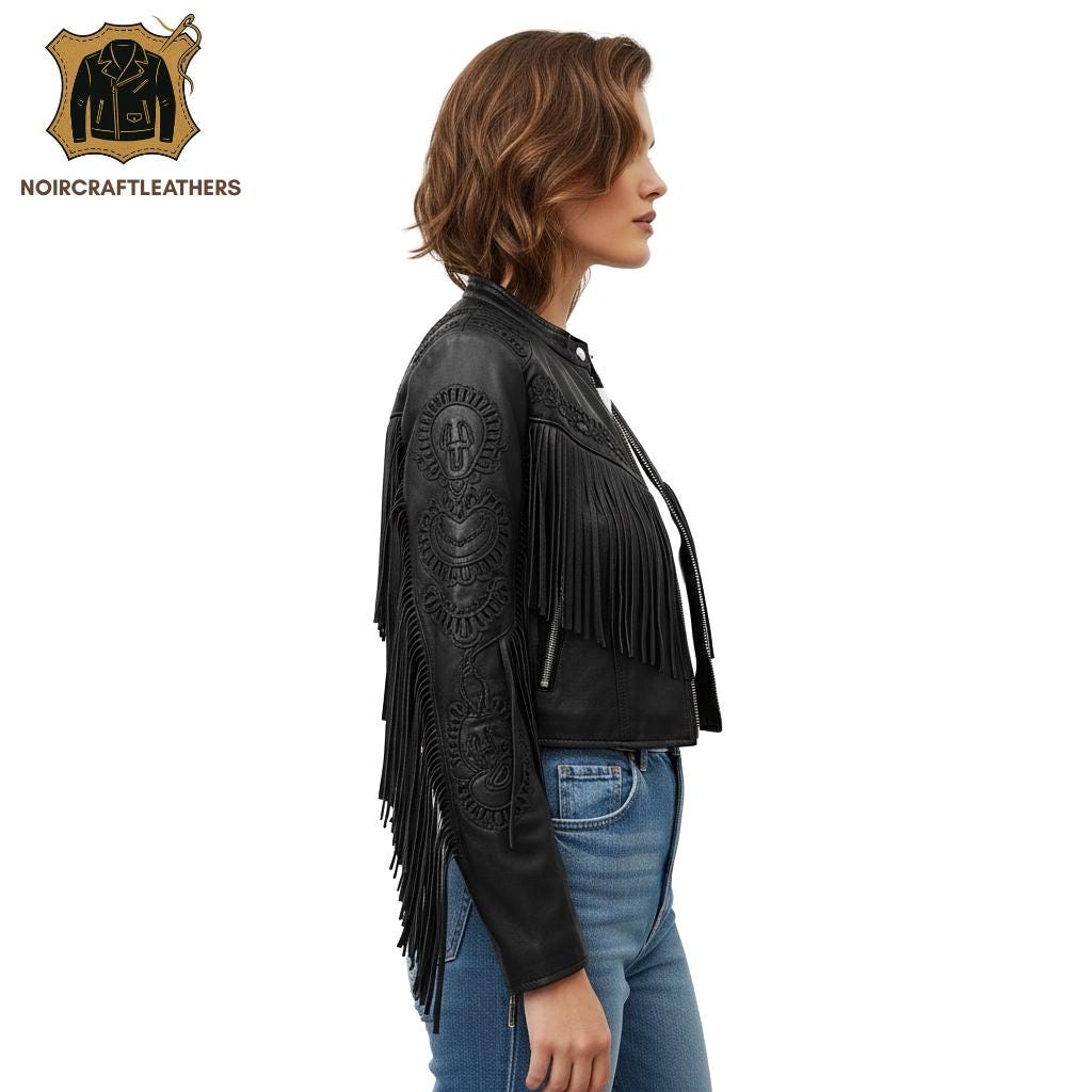 Embroidered Black Fringe Leather Jacket: Western Boho Biker Style