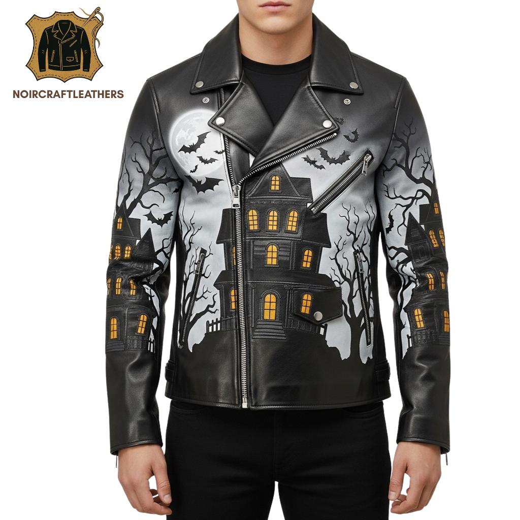 Men's Haunted House Leather Biker Jacket: Gothic Halloween Costume