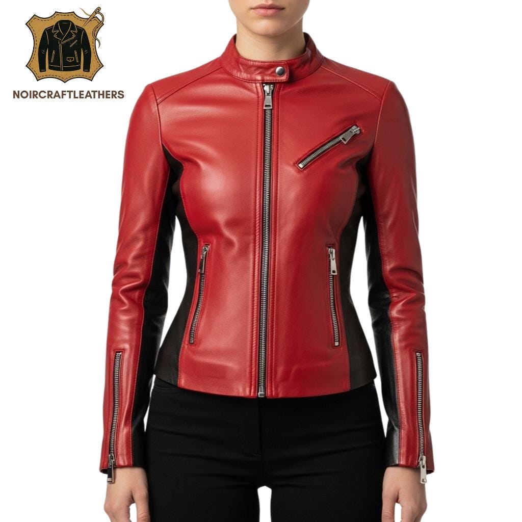 Red and Black Leather Biker Jacket: Slim Fit Moto Style