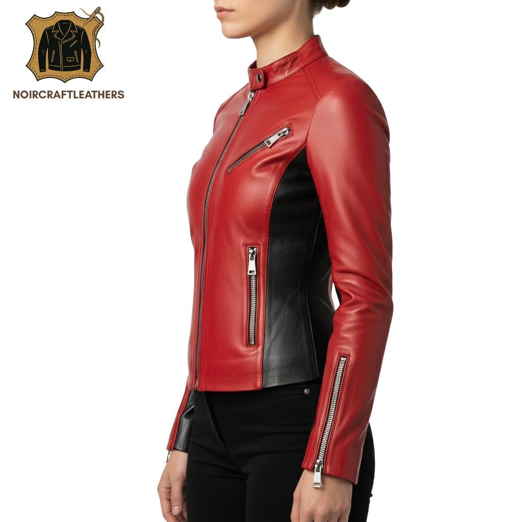 Red and Black Leather Biker Jacket: Slim Fit Moto Style