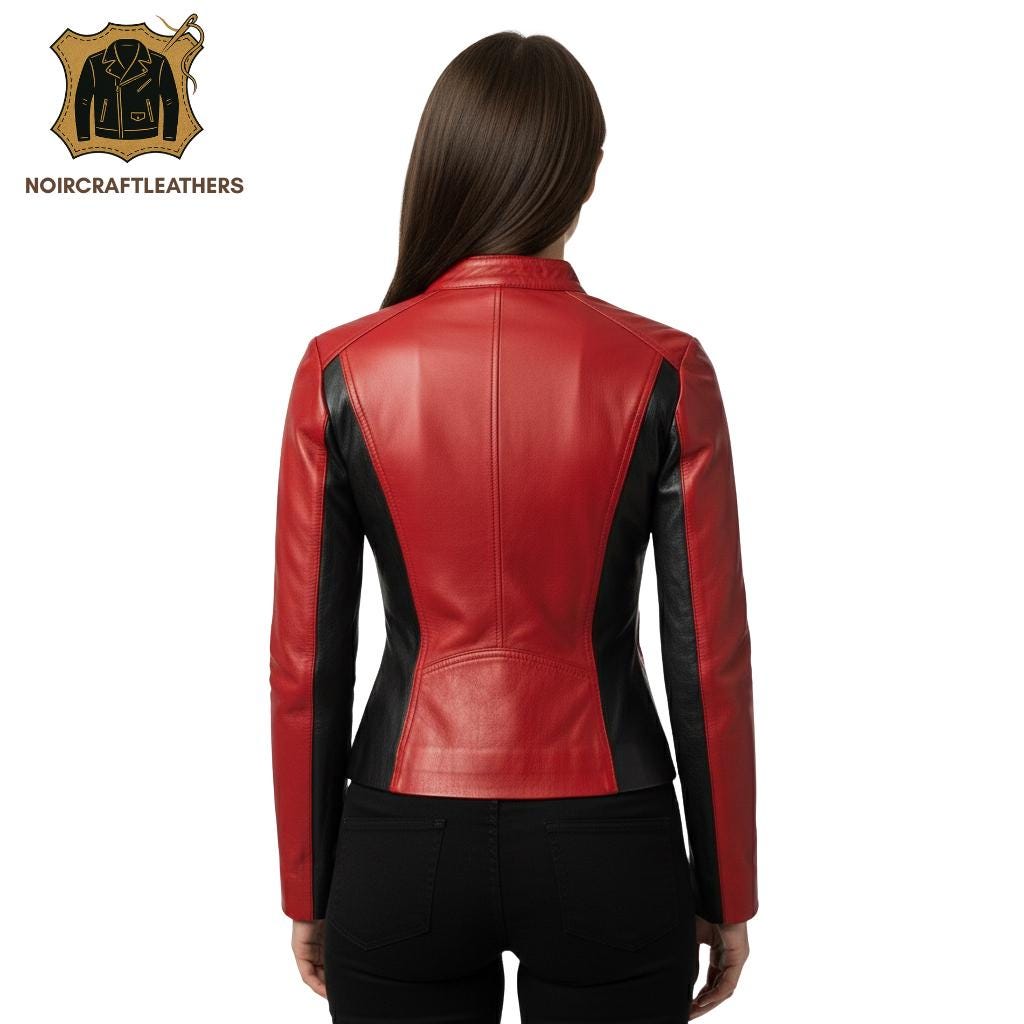 Red and Black Leather Biker Jacket: Slim Fit Moto Style