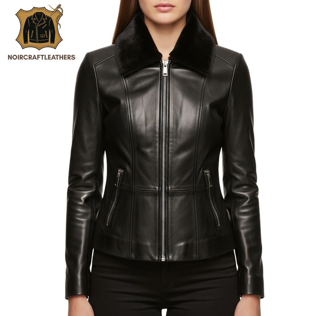 Lambskin Leather Moto Jacket with Fur Collar - Slim Fit