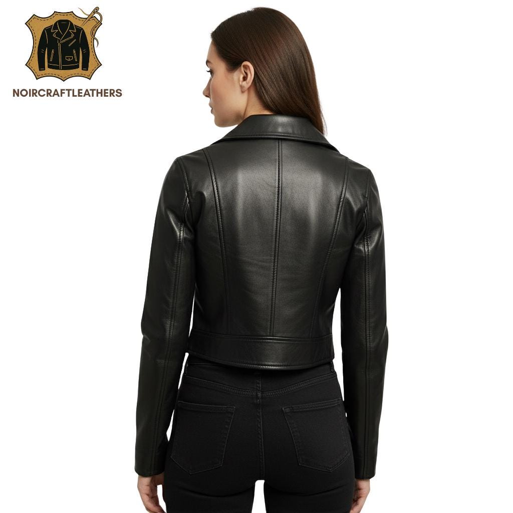 Cropped Black Leather Biker Jacket: Slim Fit Moto Style