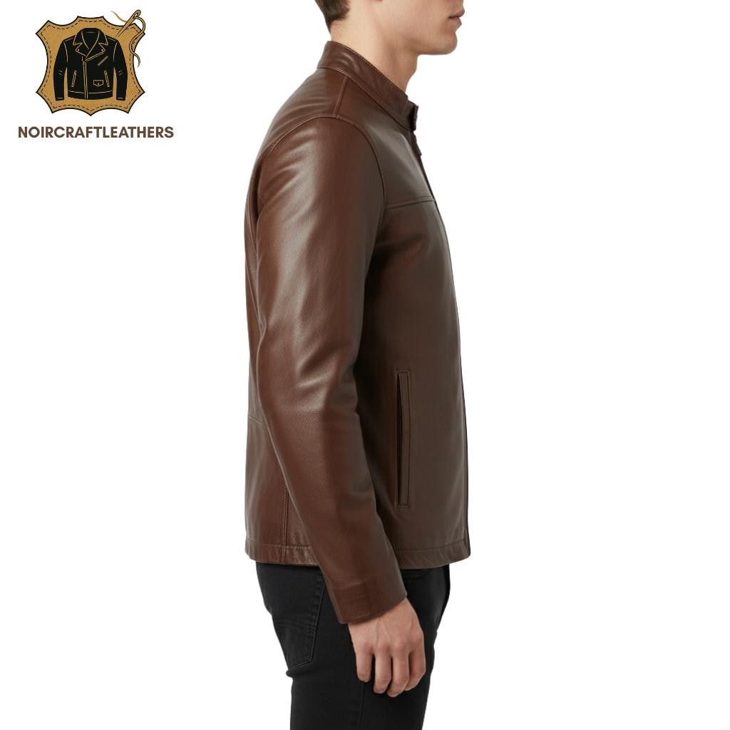 Handmade Lambskin Leather Moto Jacket: Slim Fit, Classic Brown