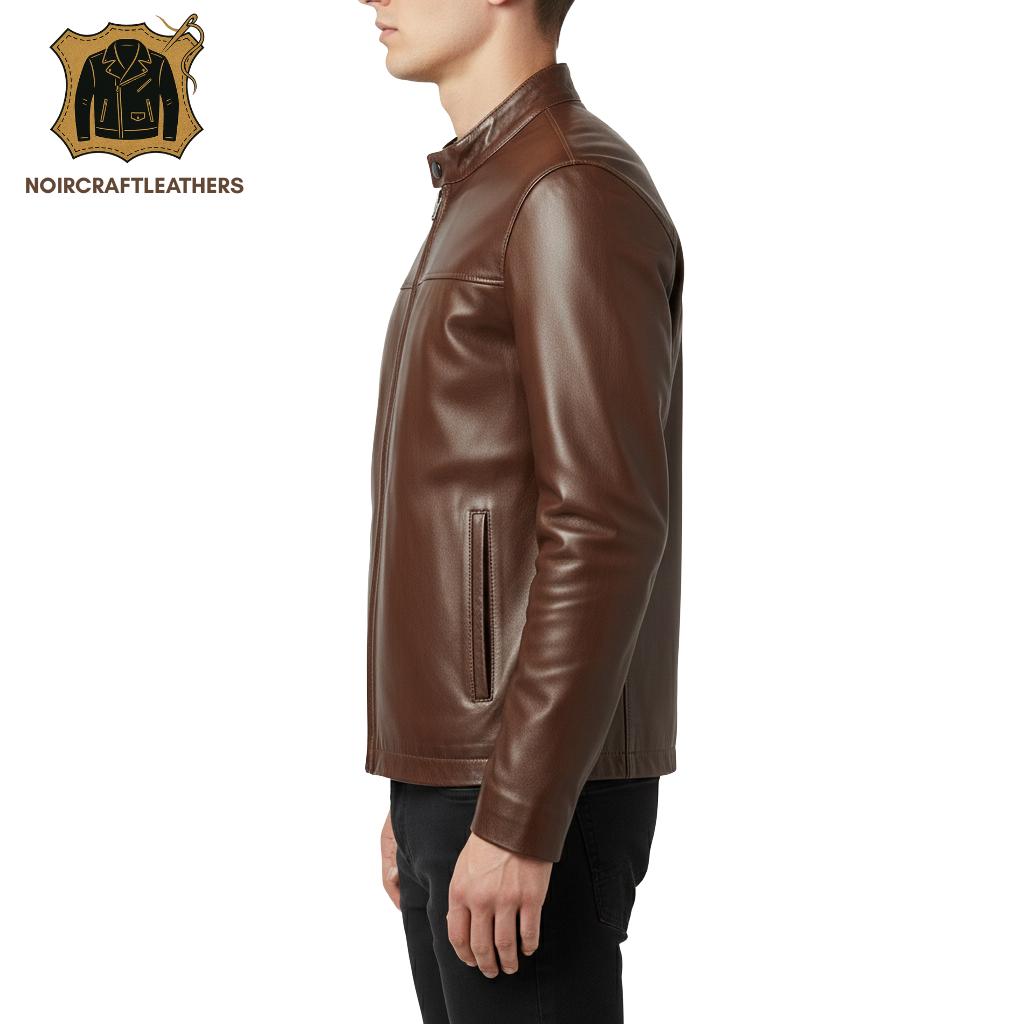Handmade Lambskin Leather Moto Jacket: Slim Fit, Classic Brown
