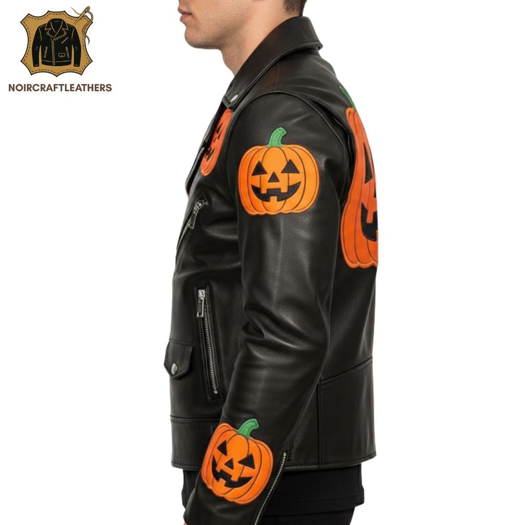 Men's Halloween Pumpkin Leather Biker Jacket: Genuine Cowhide Moto Outerwear