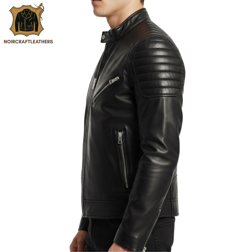 Men's Genuine Black Leather Biker Jacket – Lightweight Motorcycle Coat with Zippered Pockets